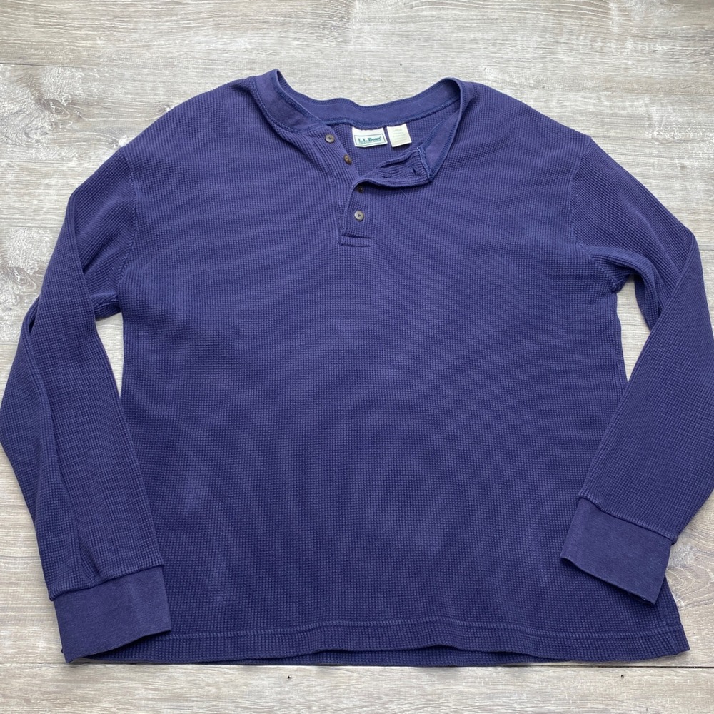 LL Bean Shirt Henley Mens Large Blue Cotton Waffle Knit Long Sleeve Made in USA